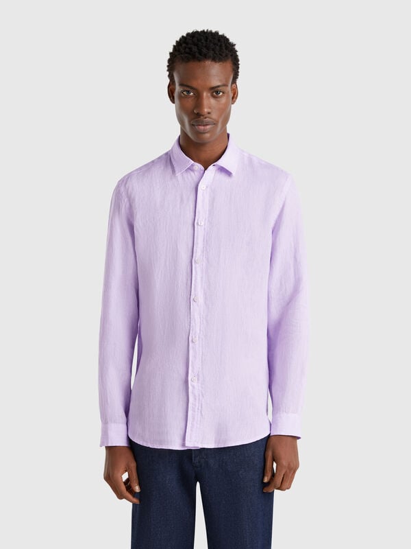 Camicia lilla fantasia in puro lino Uomo