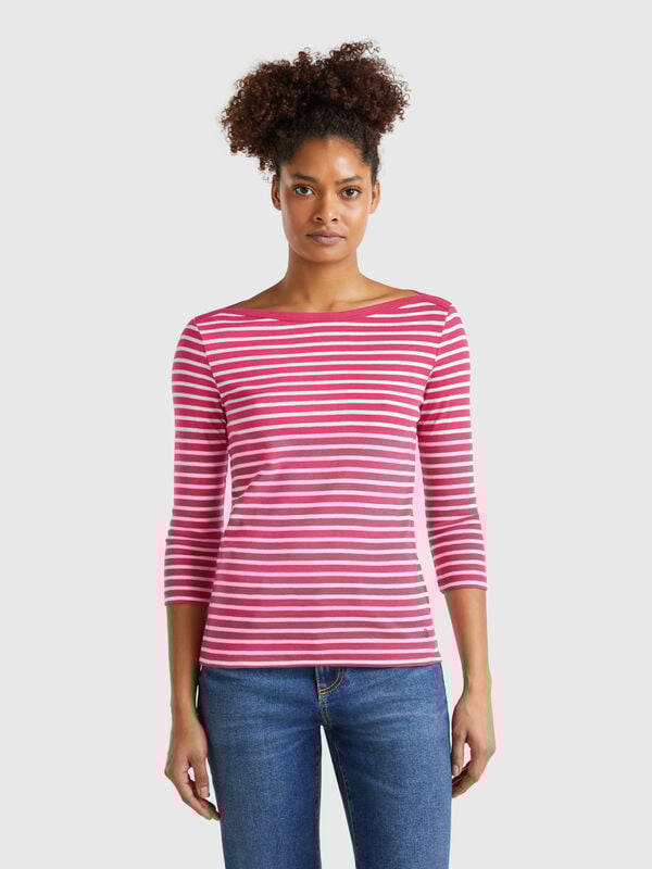 T-shirt manica 3/4 a righe in puro cotone Donna