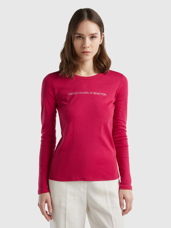 T-shirt a manica lunga 100% cotone rosso ciliegia Donna