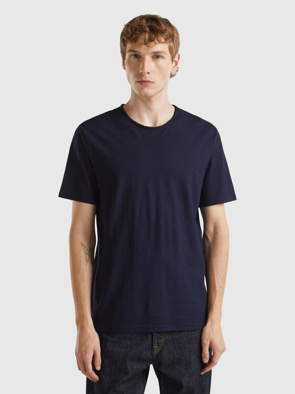 T-shirt blu scuro in cotone fiammato Uomo