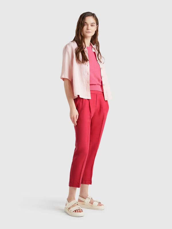 Pantaloni cropped in 100% lino Donna
