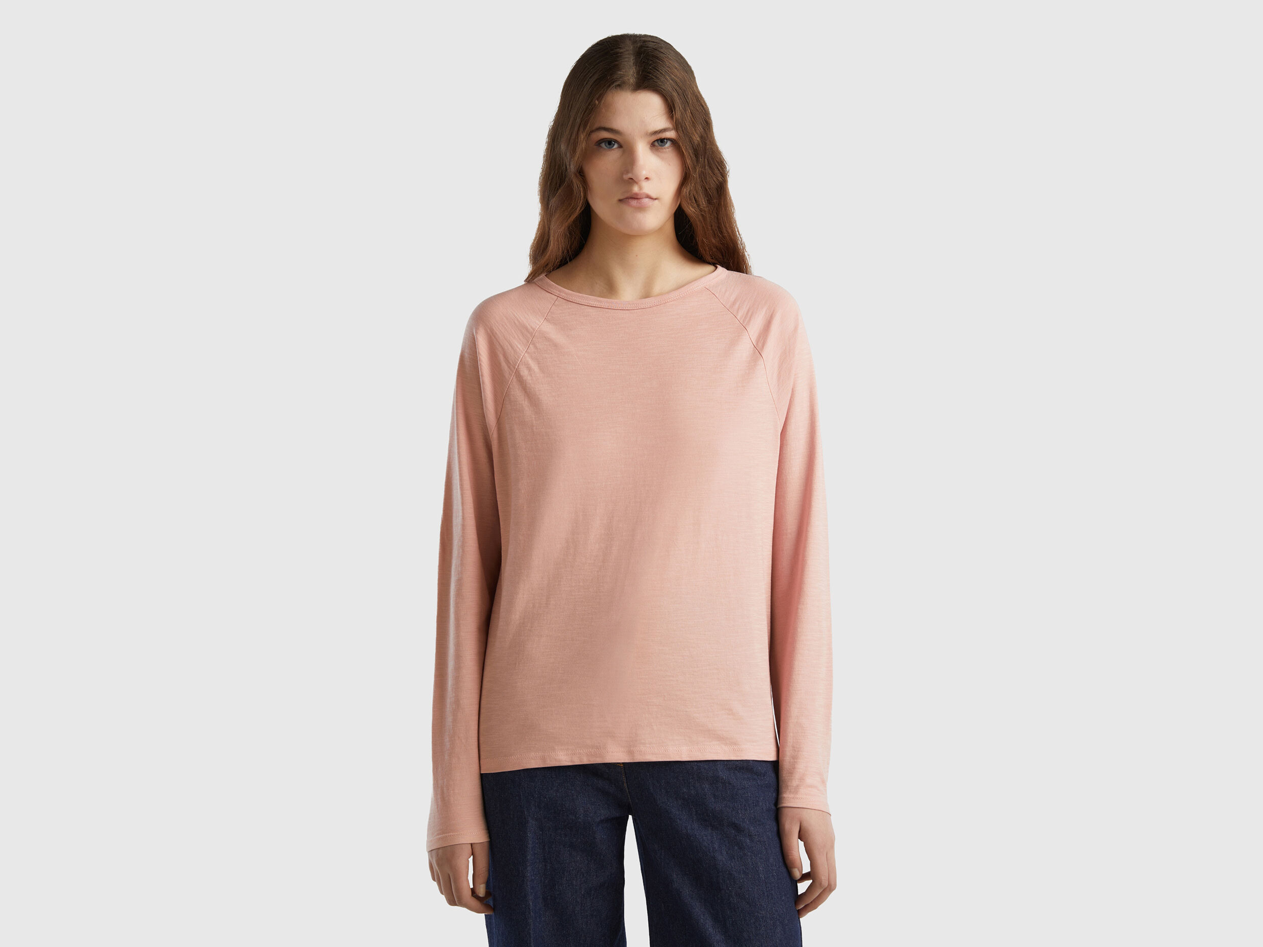 T shirt manica lunga in cotone leggero Rosa Carne Donna Benetton