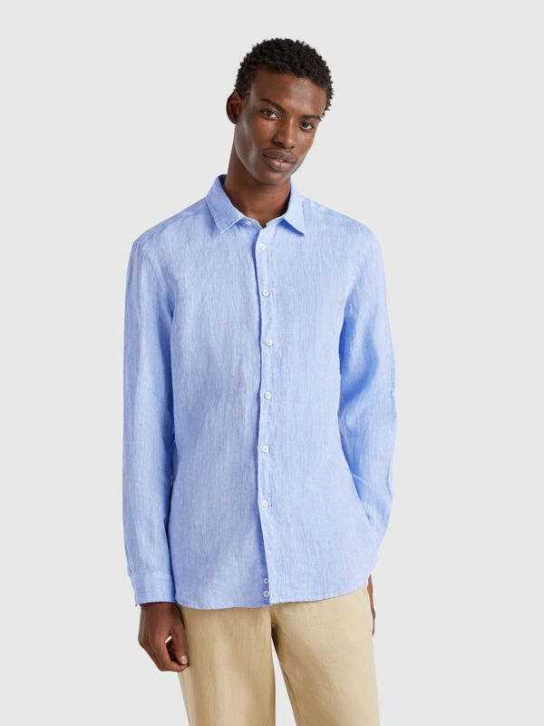 Camicia azzurra fantasia in puro lino Uomo