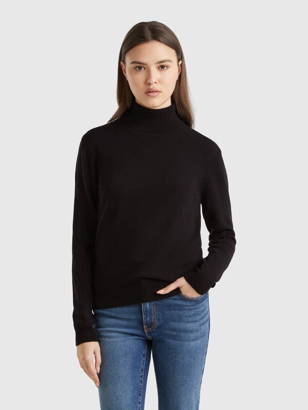 Maglione dolcevita nera in pura lana Merino Donna
