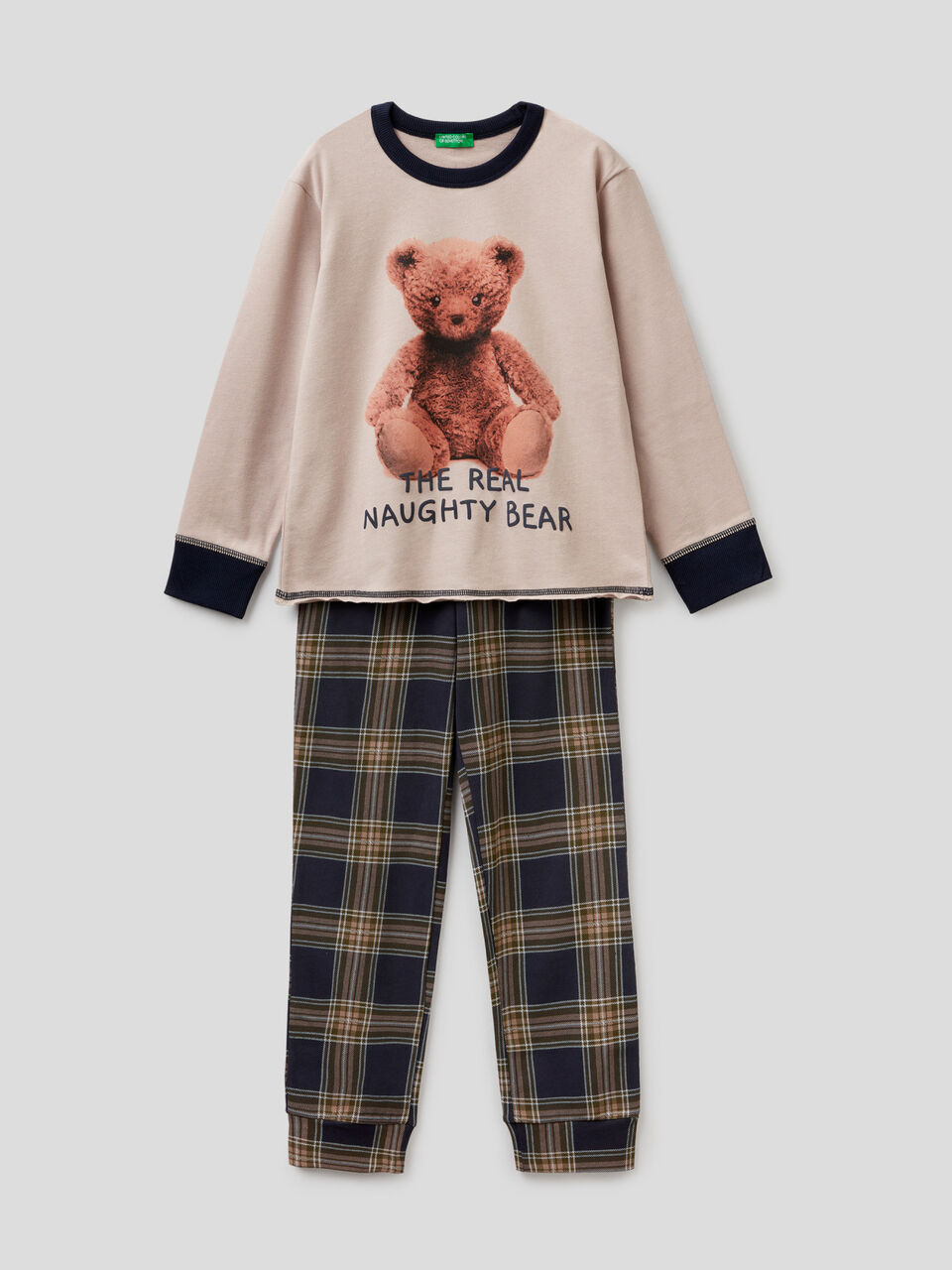 Pigiama stampa teddy con pantaloni check image number 1