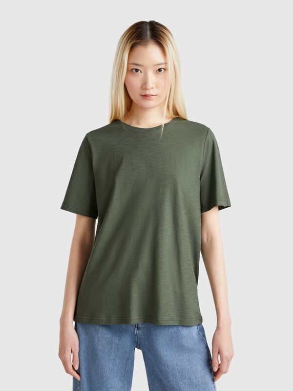 T-shirt girocollo in cotone fiammato Donna