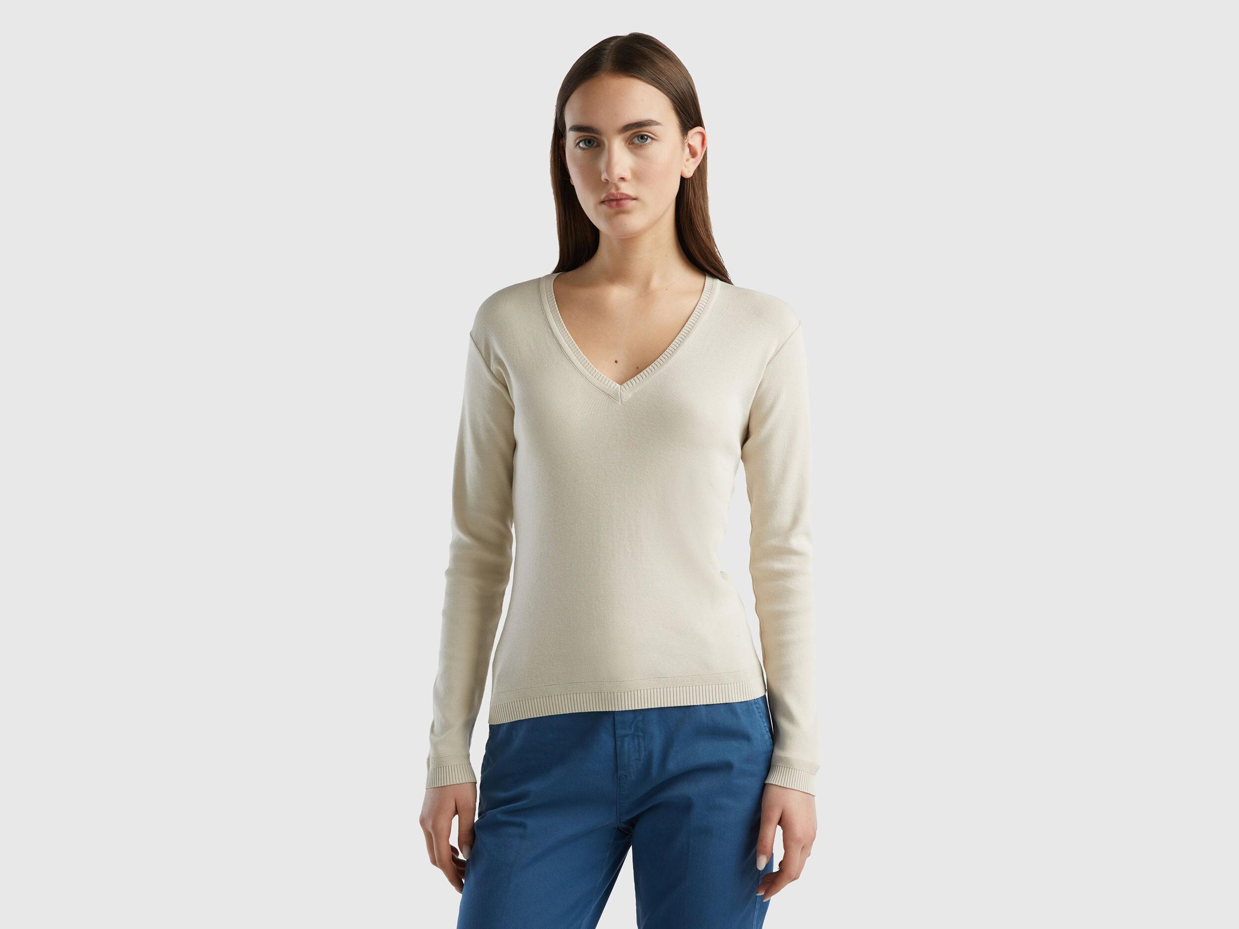 Maglia in puro cotone con scollo a V Beige Donna Benetton