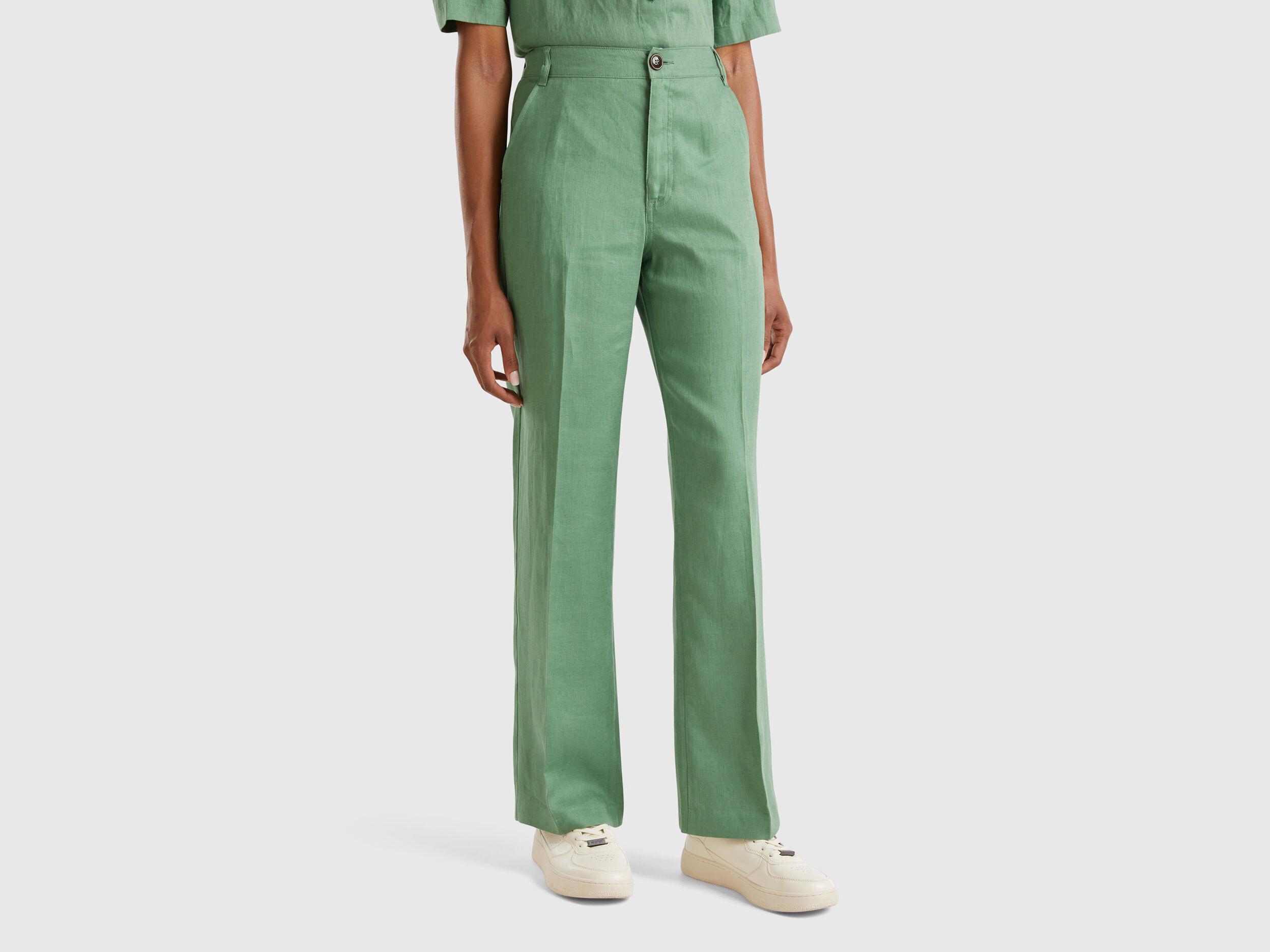 Pantaloni gamba dritta in puro lino Verde Benetton