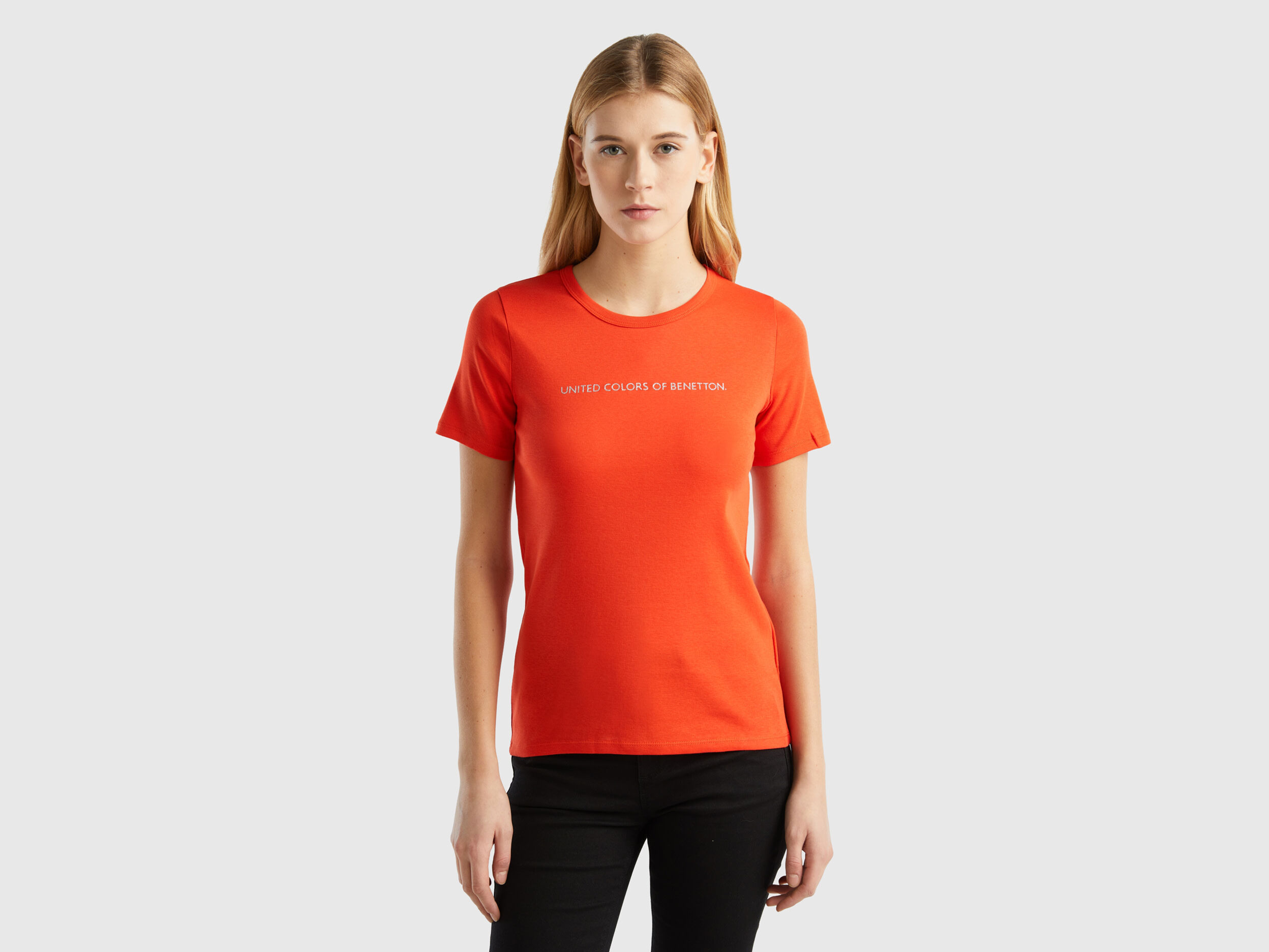 T shirt 100 cotone con stampa logo glitter Rosso Donna Benetton