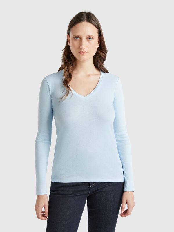 T-shirt a manica lunga con scollo a V Donna