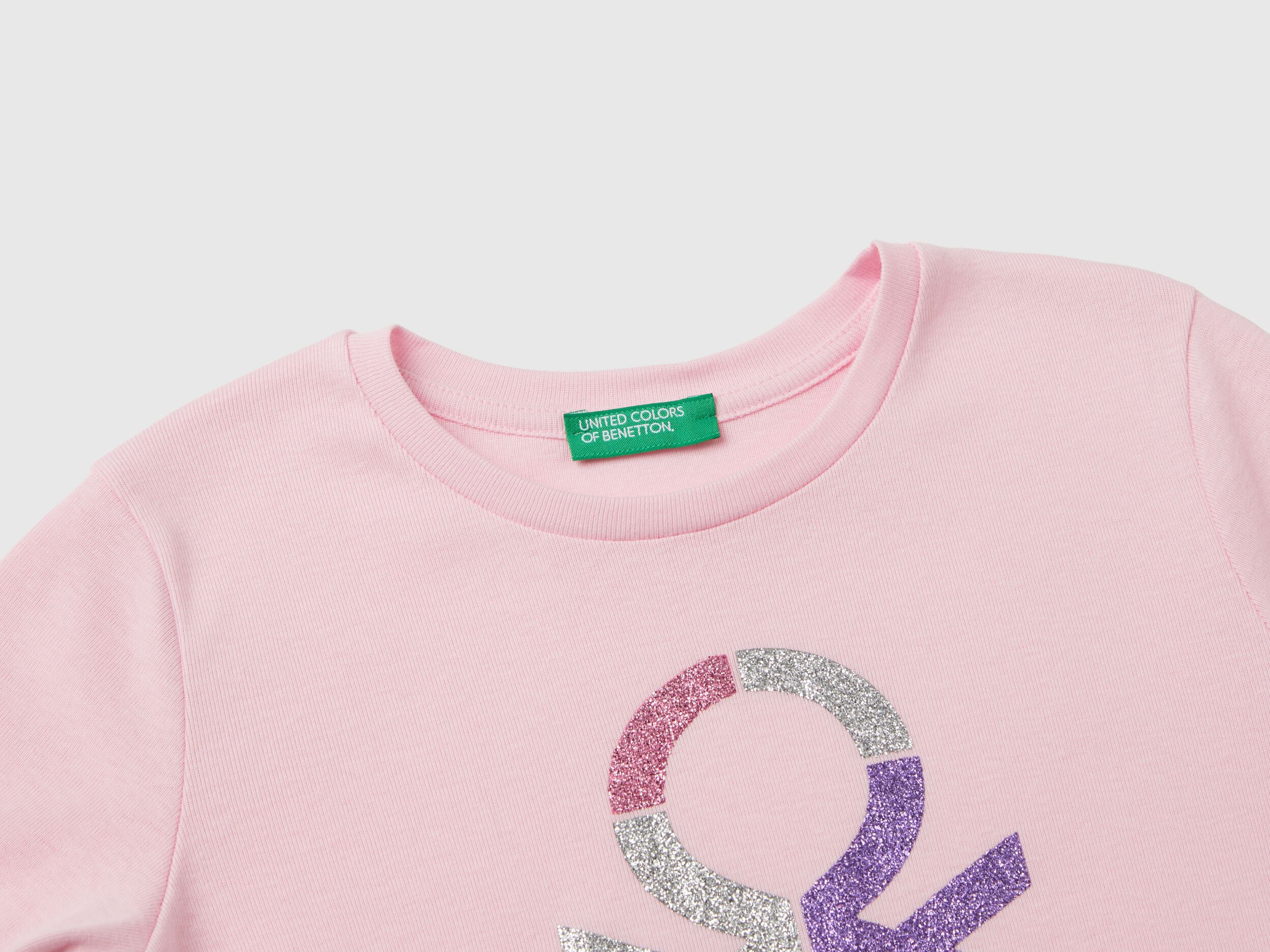 T shirt manica lunga con stampa glitter Rosa Benetton