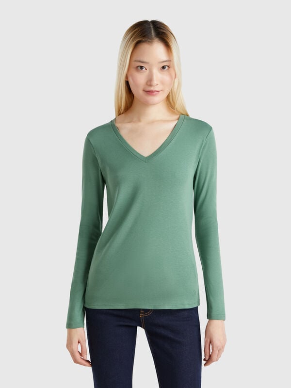 T-shirt a manica lunga con scollo a V Donna