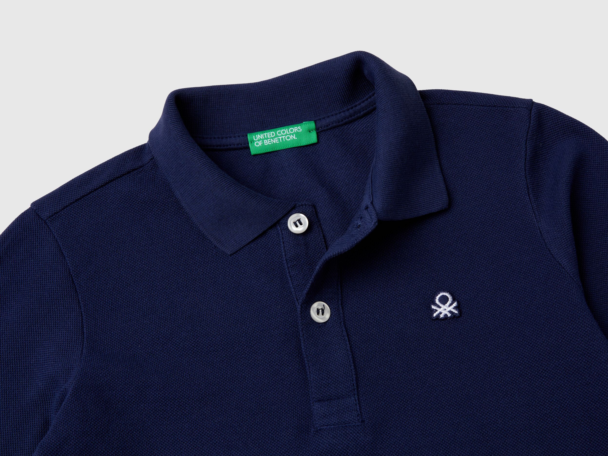 Polo manica lunga in cotone biologico Blu Scuro Benetton