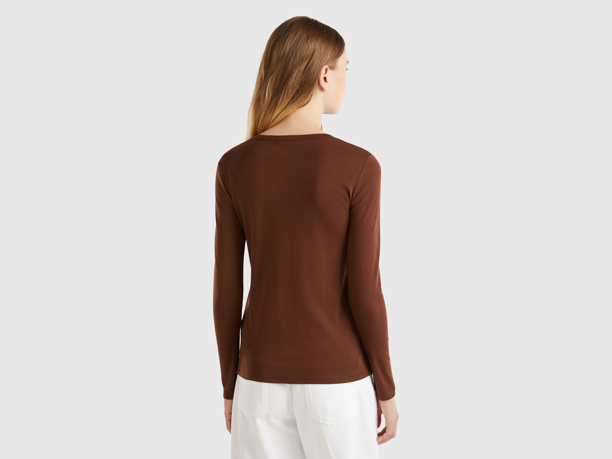 T shirt a manica lunga in puro cotone Marrone Benetton
