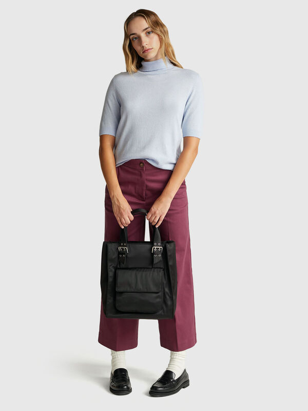 Dolcevita azzurro a manica corta in misto cashmere Donna