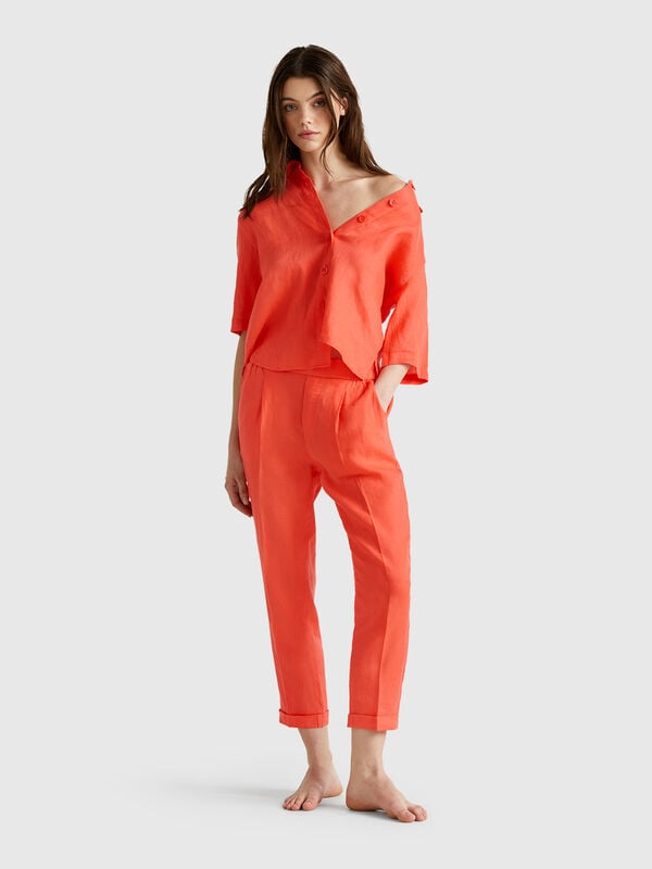 Pantaloni cropped in 100% lino Donna