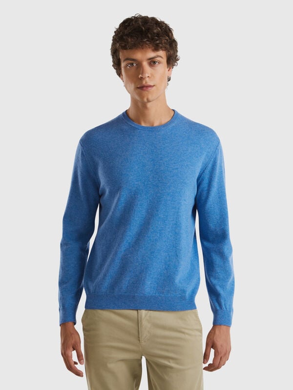 Maglia girocollo blu mélange in pura lana Merino Uomo