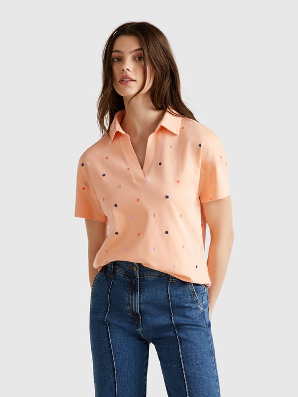 Polo con ricamo fiori Donna