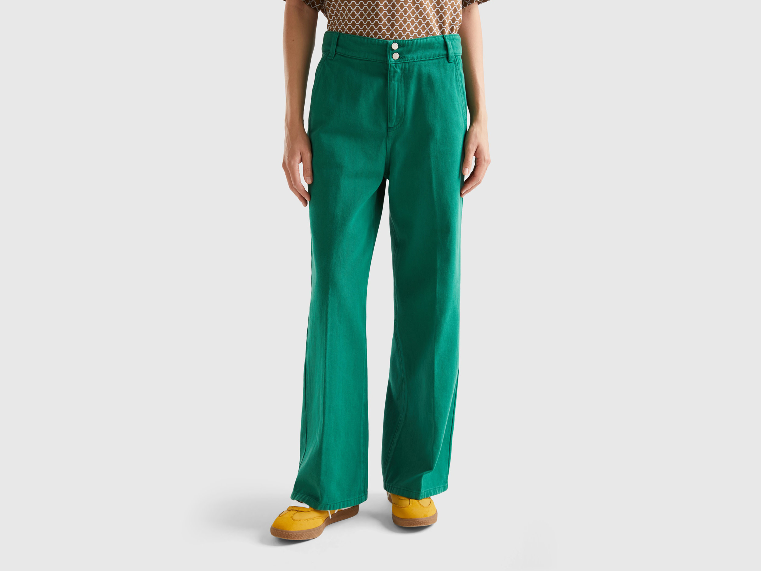 Benetton, High-waisted Trousers With Wide Leg, size , Green, Women