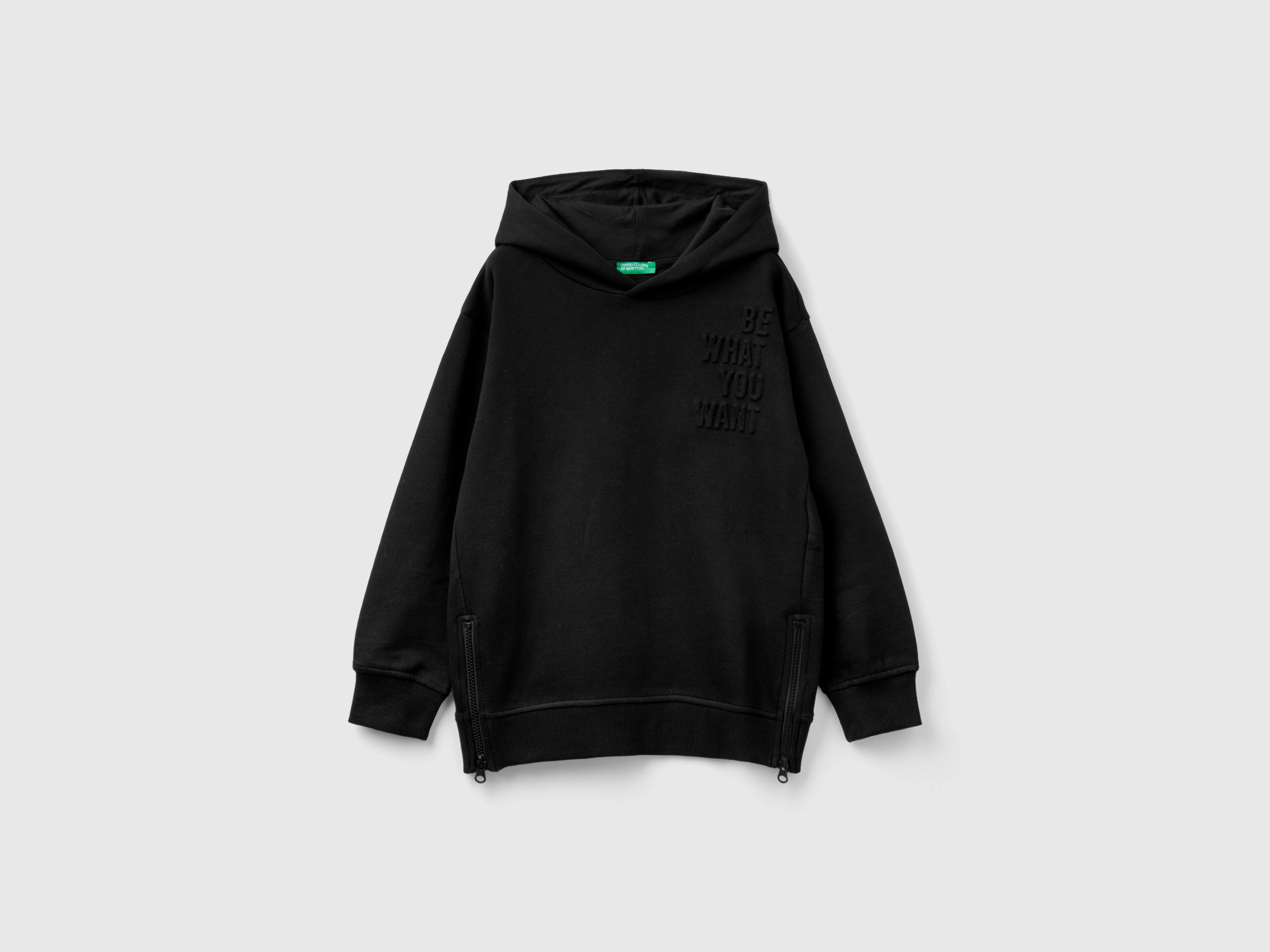 Benetton, Sweatshirt With Zip And Slogan, size XL, Black, Kids