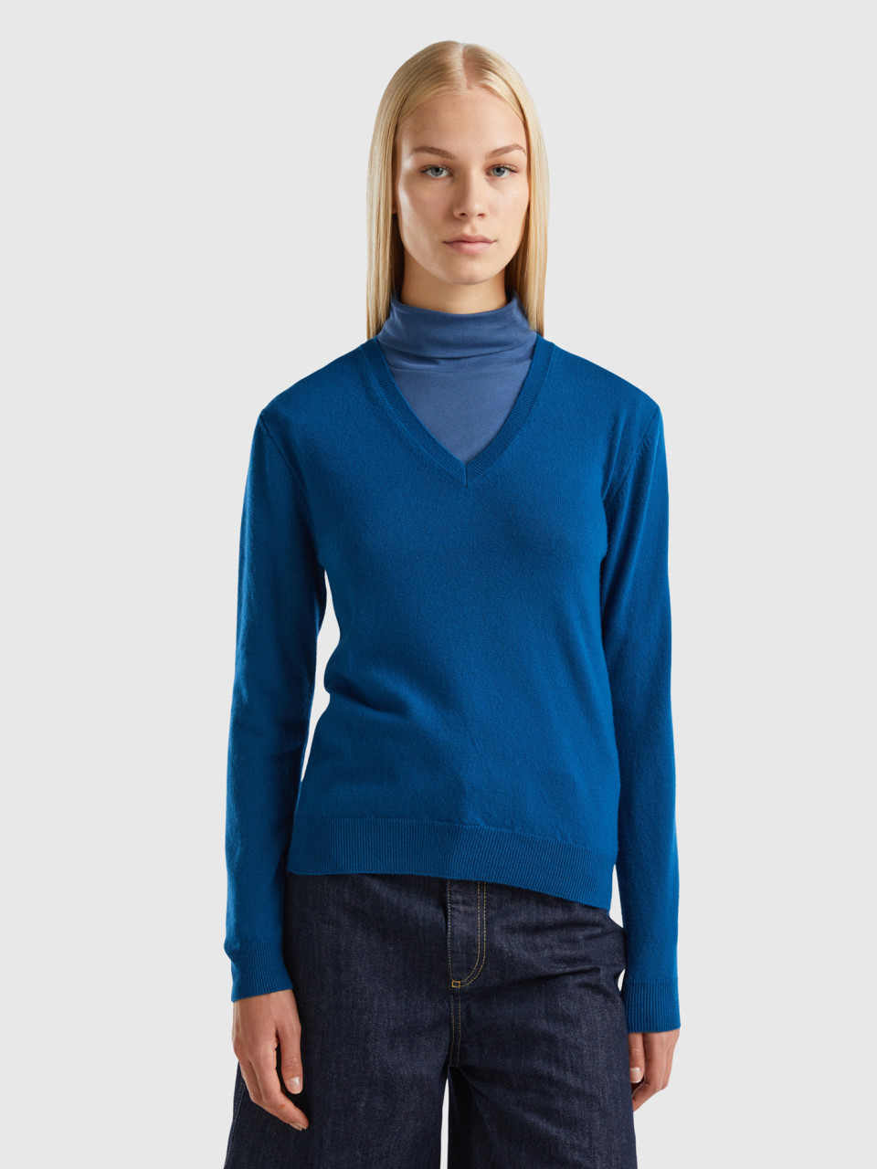 Benetton, Blue V-neck Sweater In Pure Merino Wool, Blue, Women