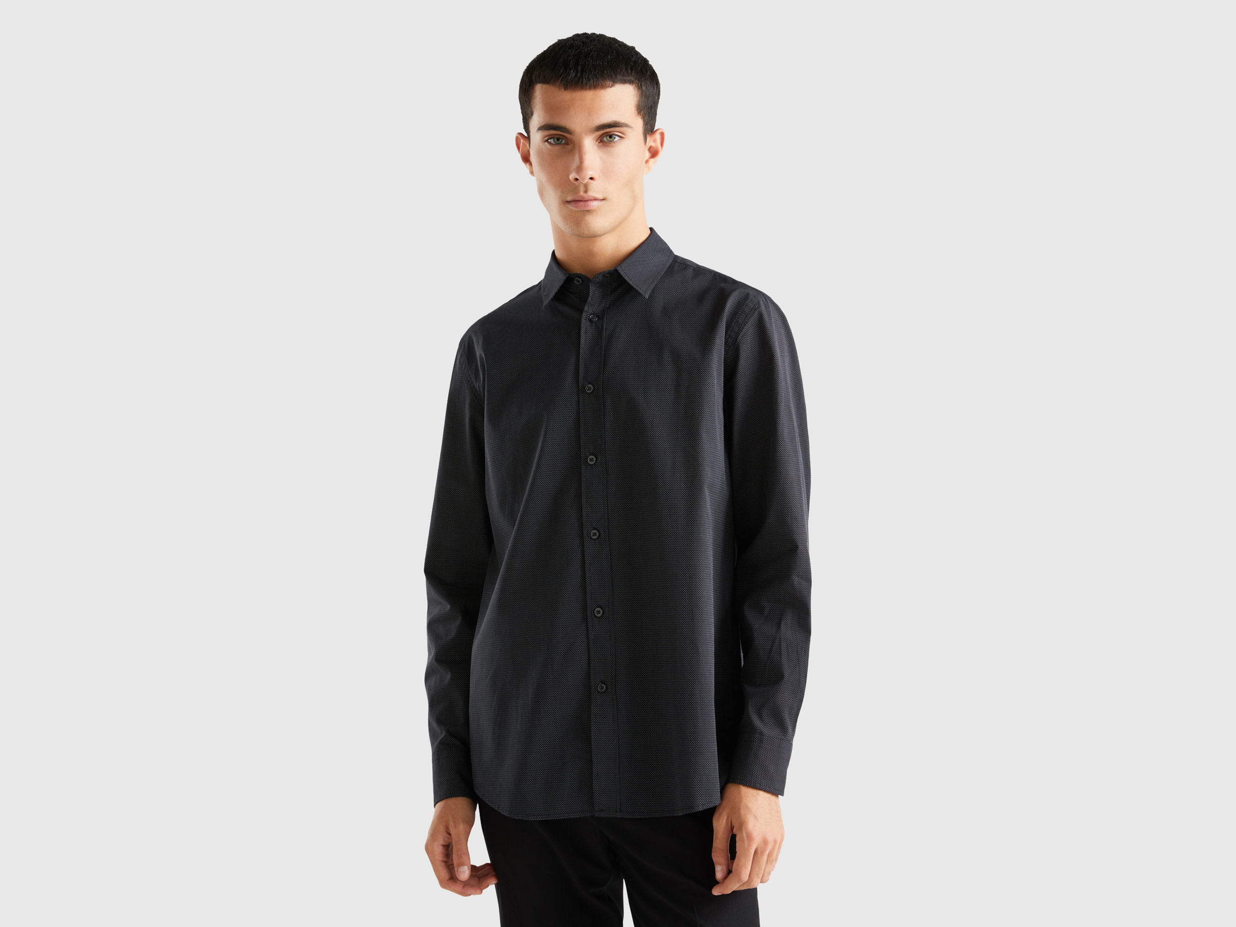 Benetton, Regular Fit Shirt With Micro Pattern, size M, Dark Gray, Men
