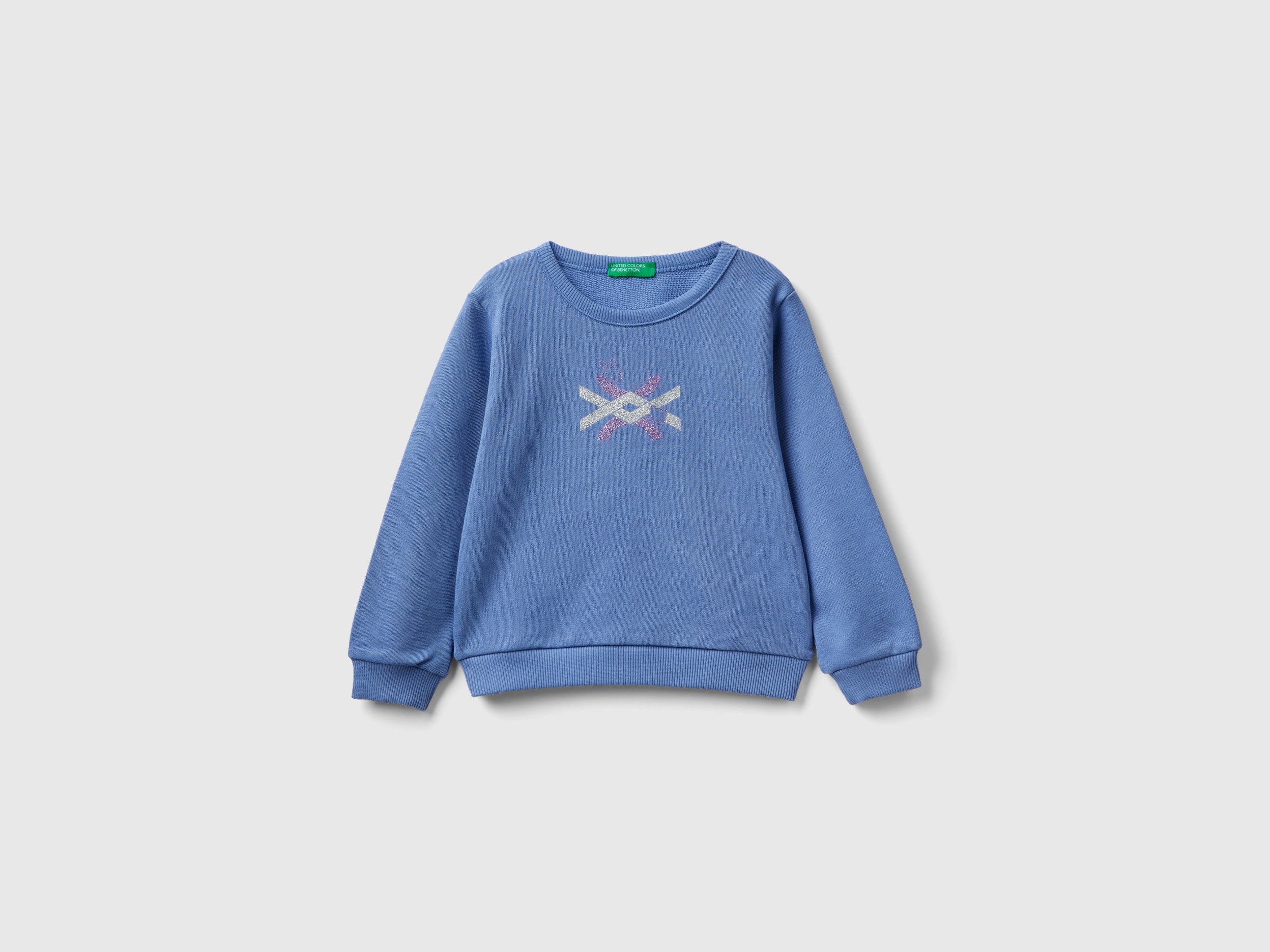 Benetton, Sky Blue Sweatshirt In Organic Cotton With Glittery Print, size 12-18, Light Blue, Kids