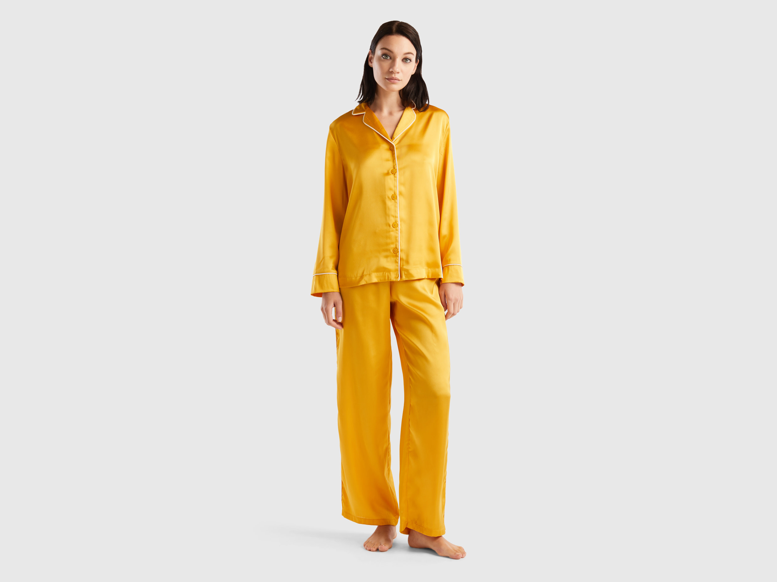 Benetton, Long Satin Pyjamas, size L, Yellow, Women