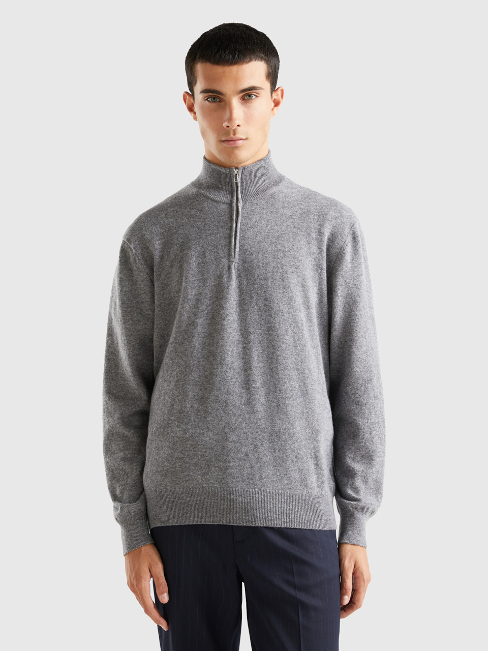 Benetton, Gray Zip-up Sweater In 100% Wool, Gray, Men