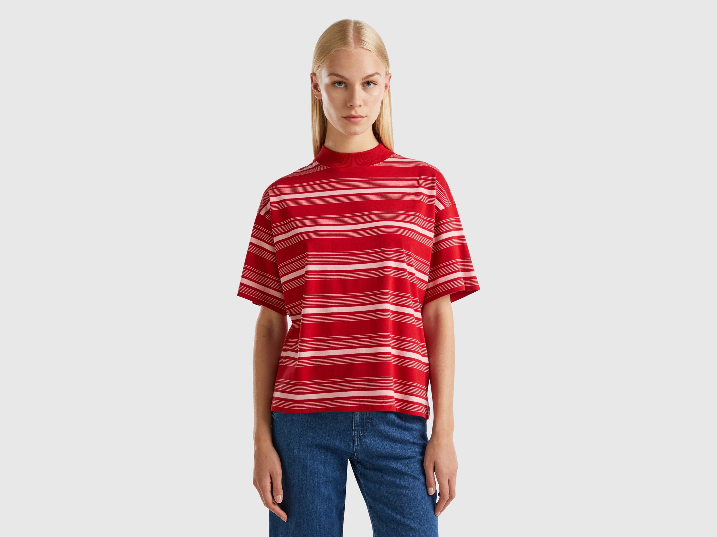 Benetton, Striped Turtleneck T-shirt, size M, Red, Women