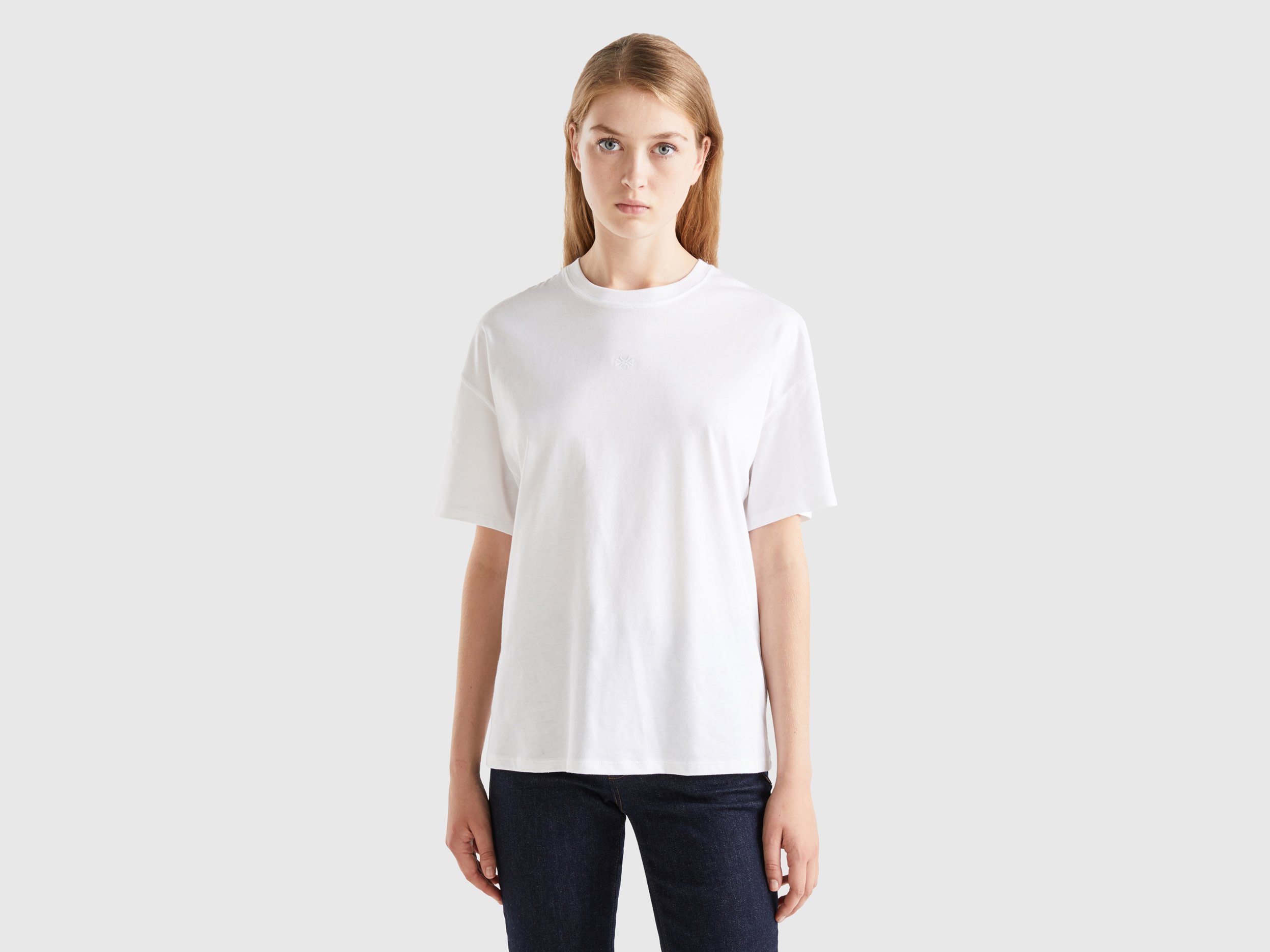 Benetton, T-shirt With Embroidered Logo, size M, White, Women
