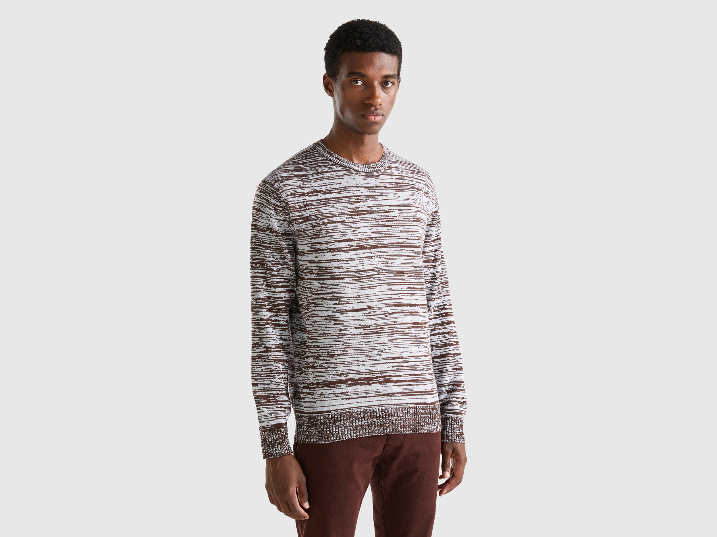 Benetton, Sweater With Striped Motif, size M, Dark Brown, Men