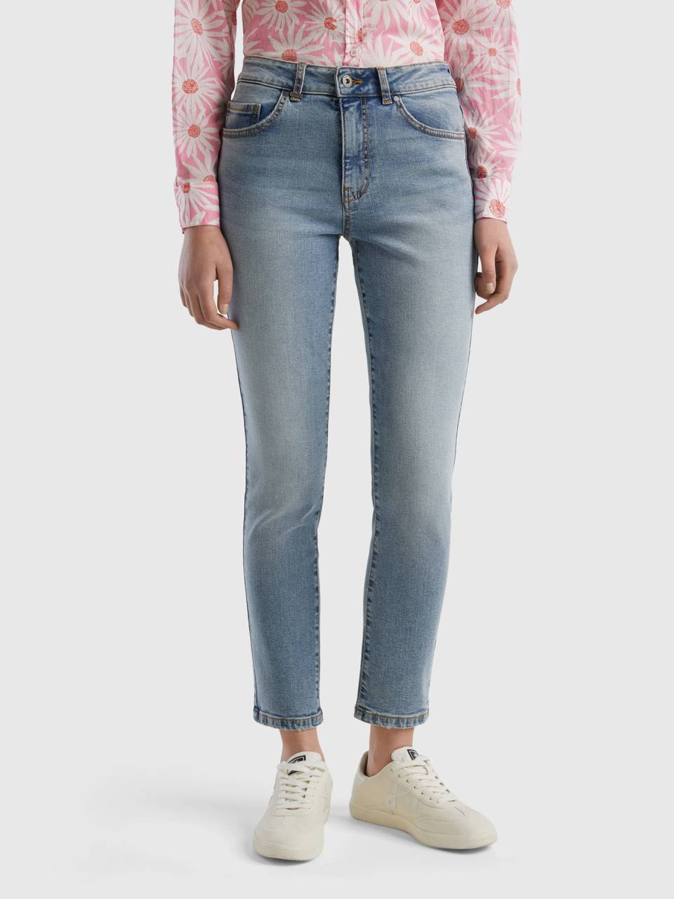 Jeans slim fit a vita alta Azzurro Donna Benetton