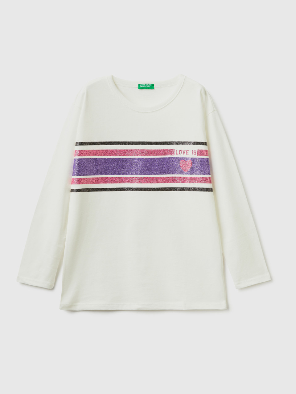 Benetton, Long T-shirt With Glitter Print, Creamy White, Kids