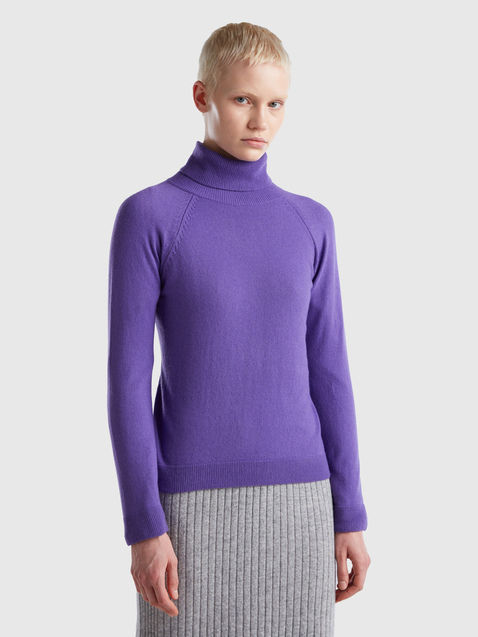 Benetton, Purple Turtleneck In Cashmere And Wool Blend, Violet, Women