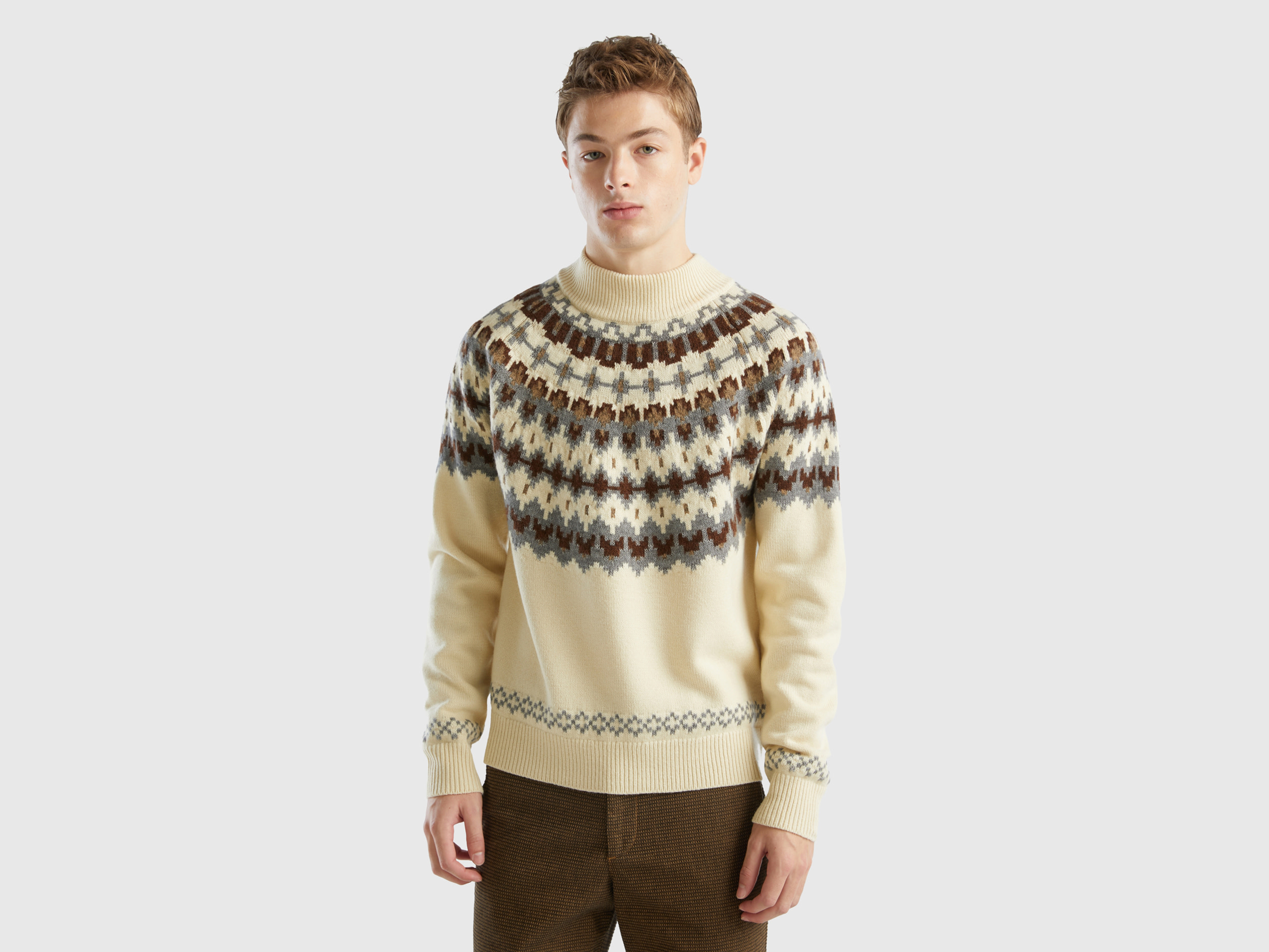 benetton, pull jacquard à col montant, taille s, beige, homme