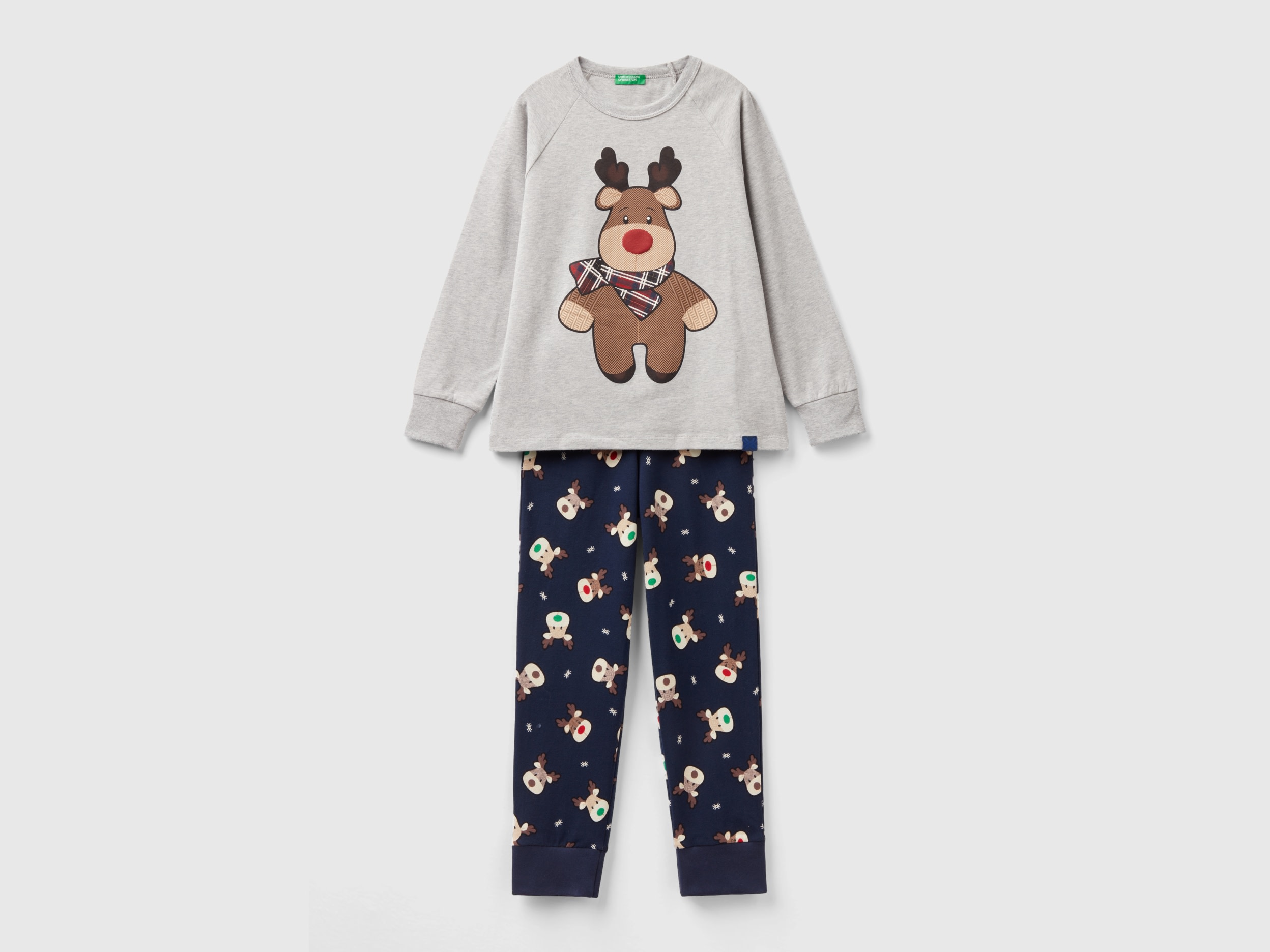 Benetton, Reindeer Pyjamas In Stretch Cotton, size XL, Light Gray, Kids