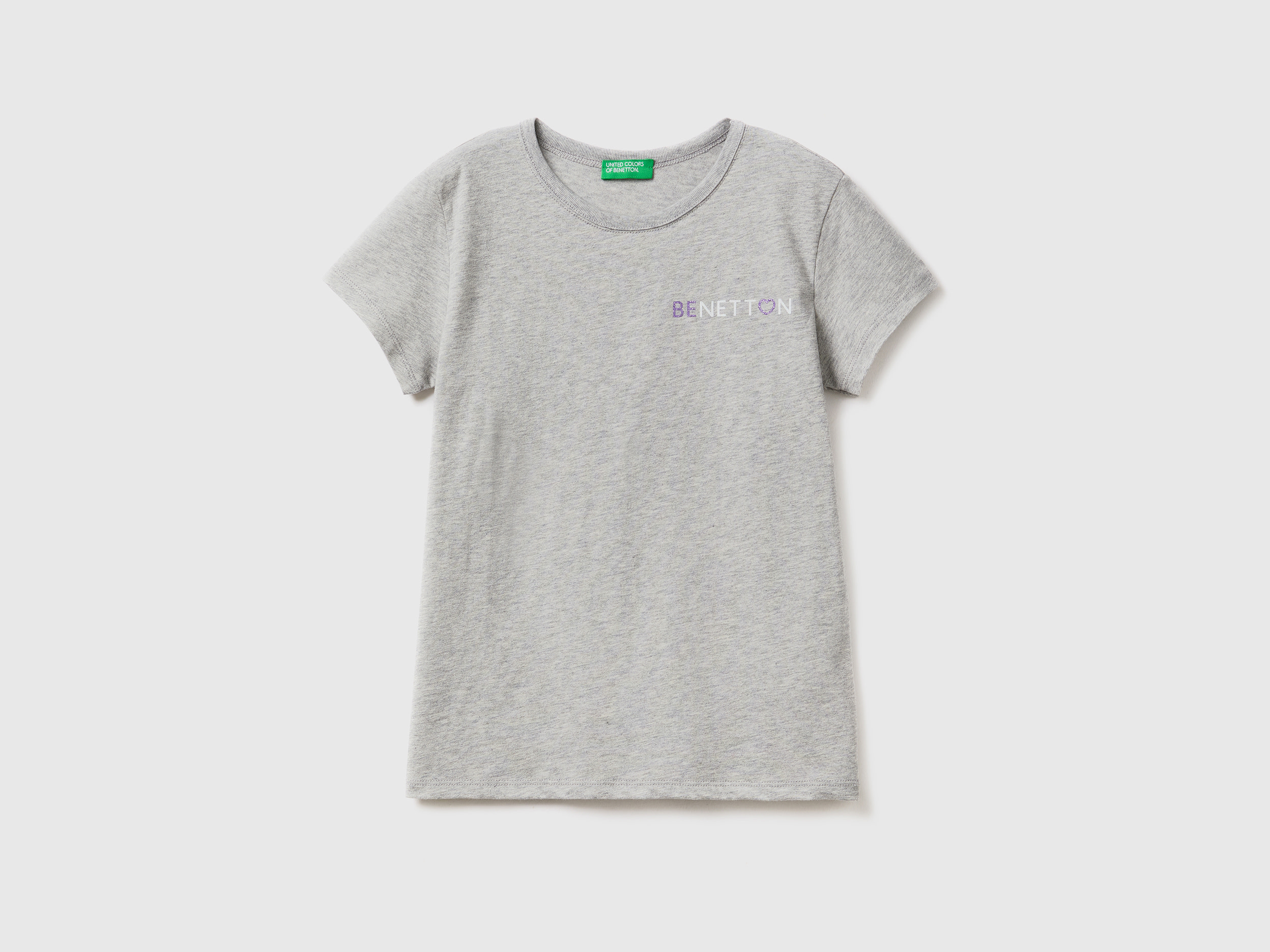 Benetton, T-shirt With Glittery Logo In Organic Cotton, size 3XL, Light Gray, Kids