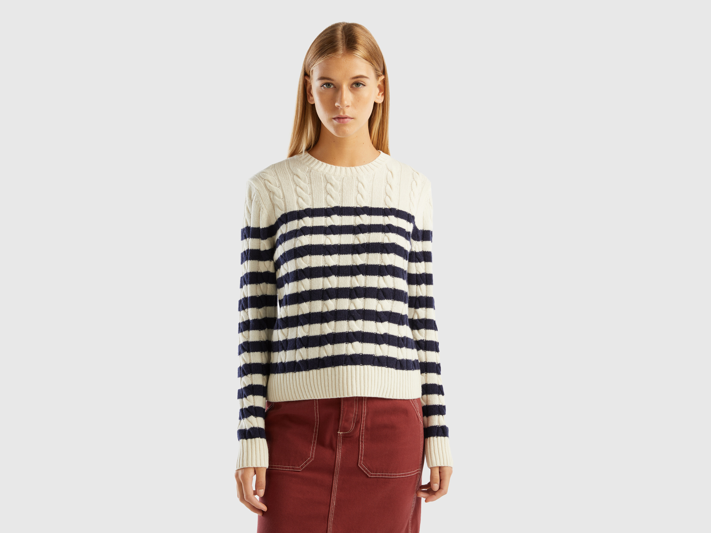 Benetton, Striped Sweater With Cables, size S, White, Women