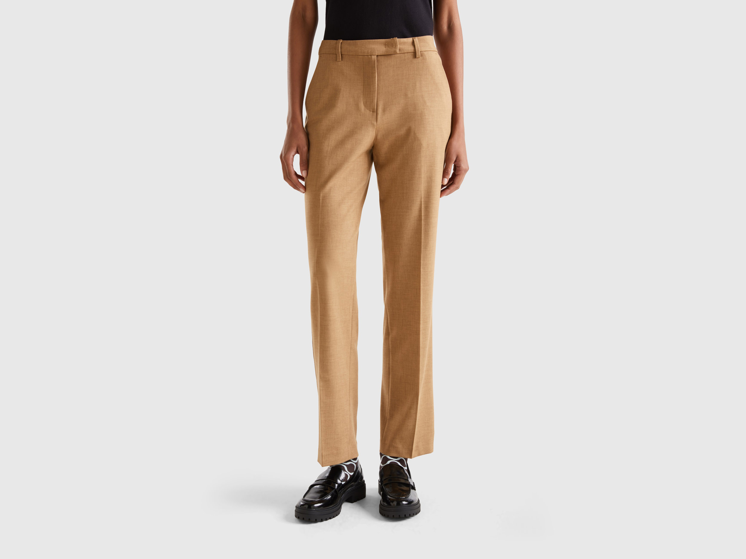 Benetton, Regular Fit Flowy Trousers, size 14, Camel, Women