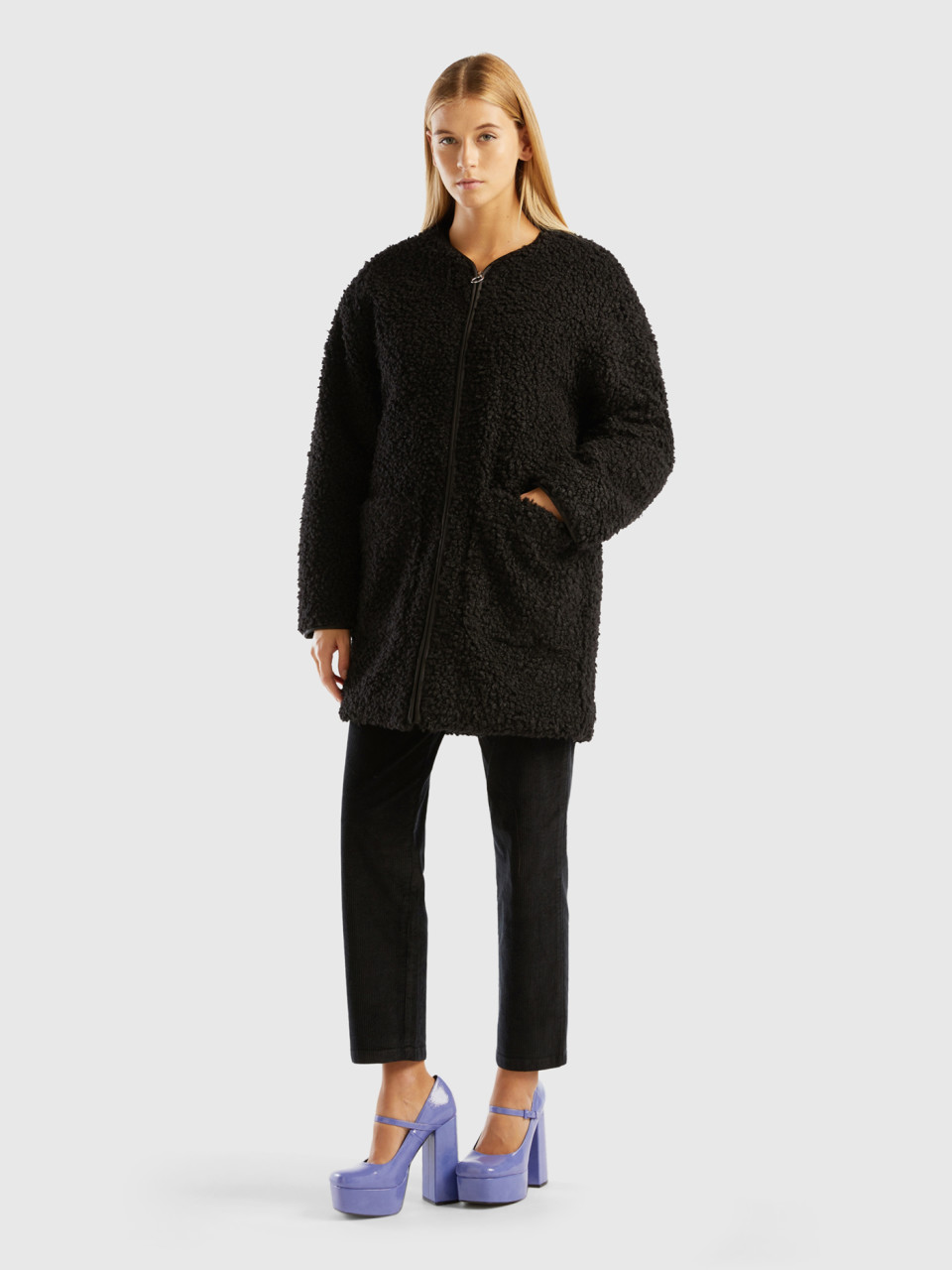 Benetton, Faux Fur Teddy Coat, Black, Women