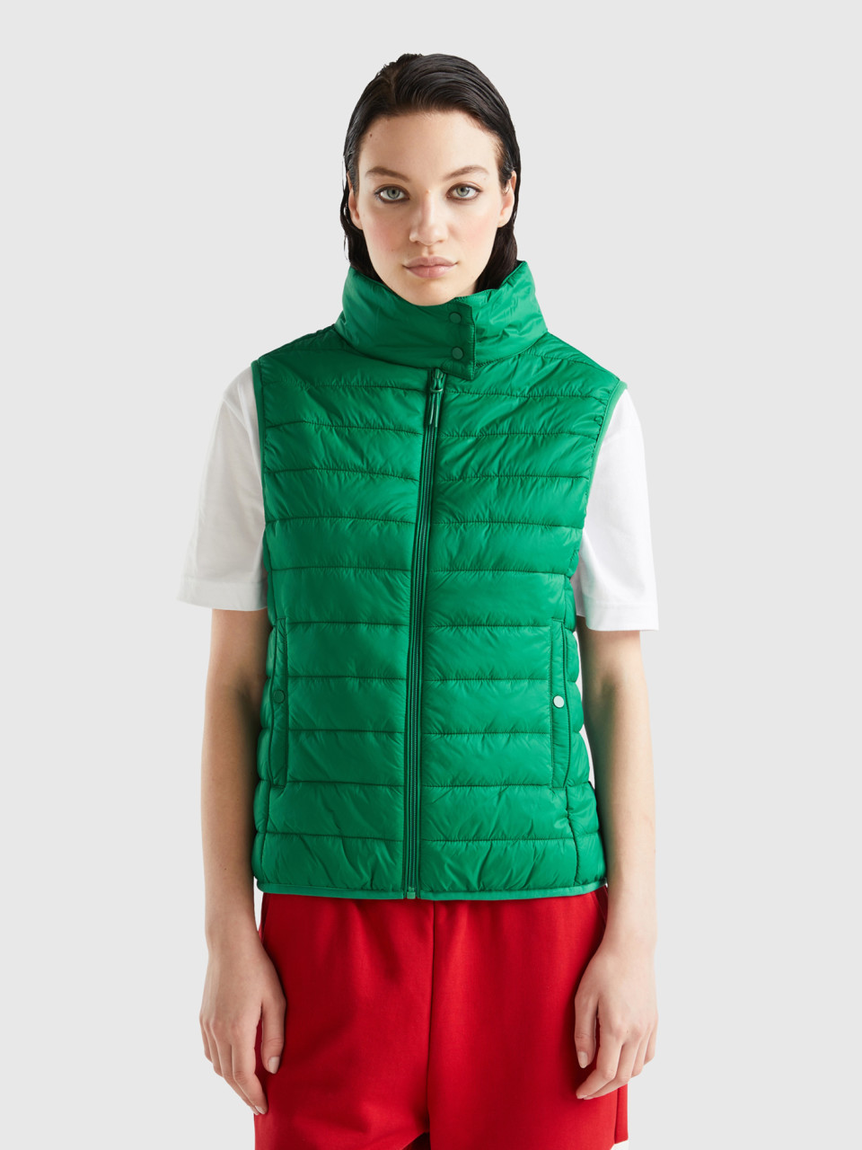 Benetton, Sleeveless Puffer Jacket With Recycled Wadding, Green, Women