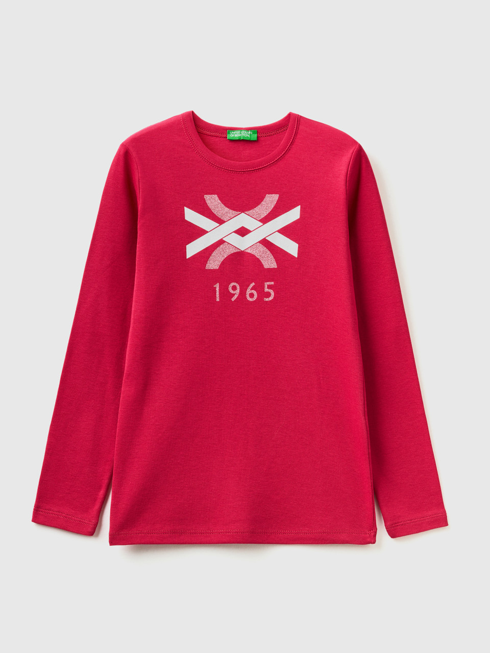 Benetton, Long Sleeve T-shirt With Glitter Print, Cyclamen, Kids