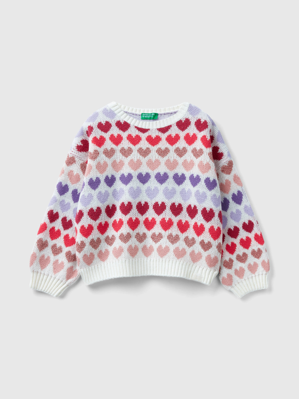Benetton, Warm Sweater With Lurex Hearts, White, Kids