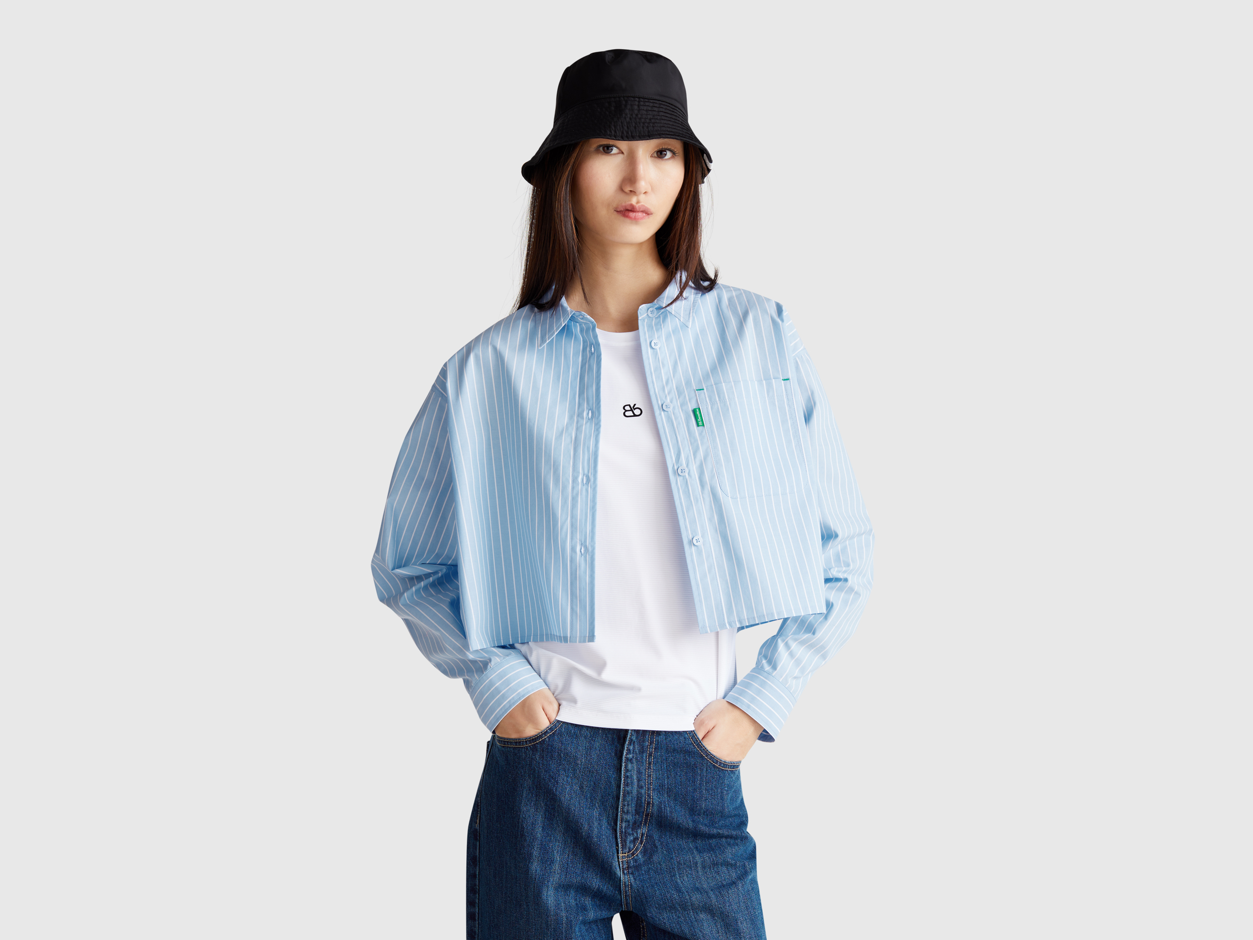 Benetton, Cropped Shirt In Pure Cotton, size M-L, Sky Blue, Women