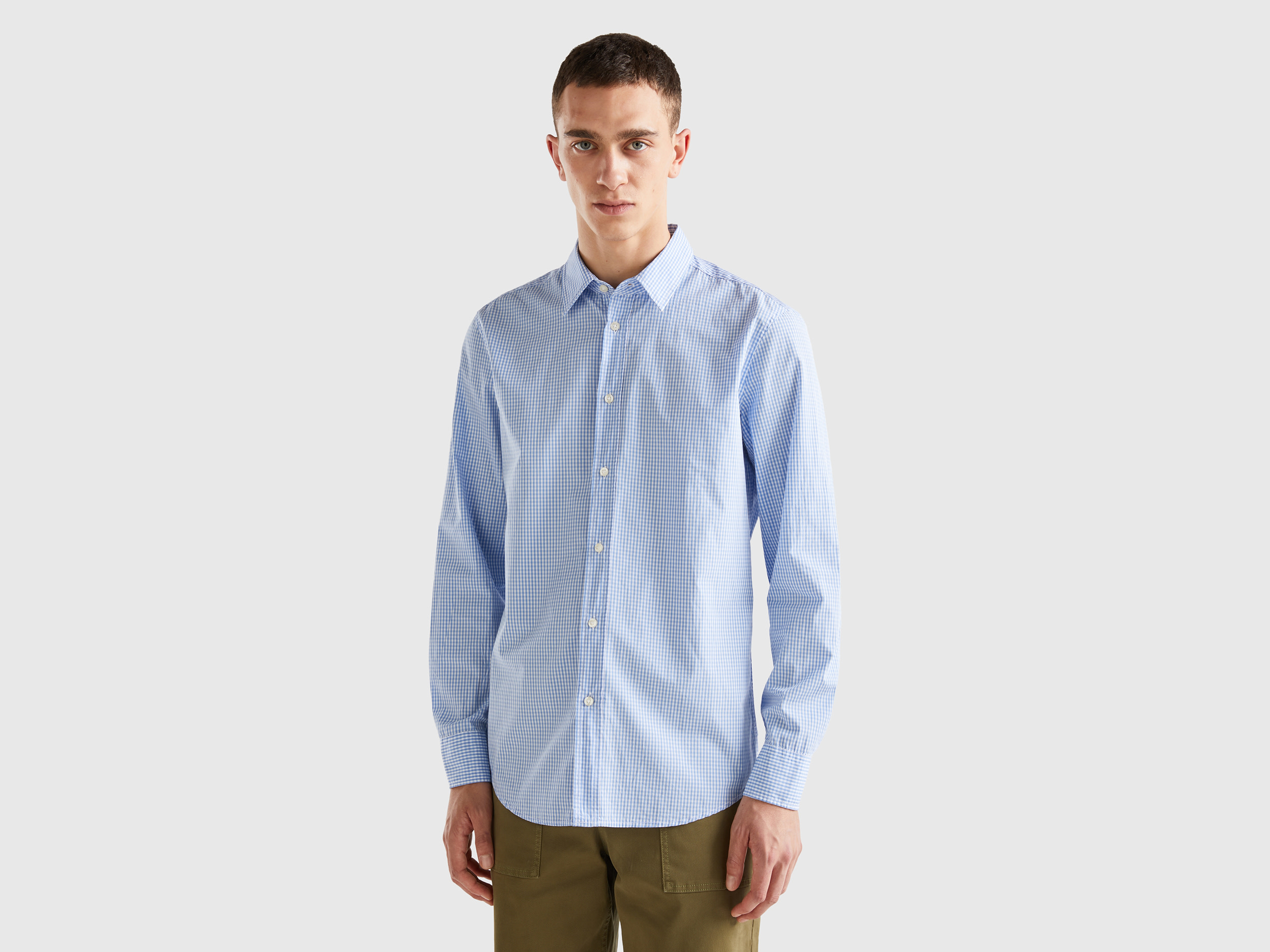 Benetton, 100% Organic Cotton Patterned Shirt, size M, Light Blue, Men