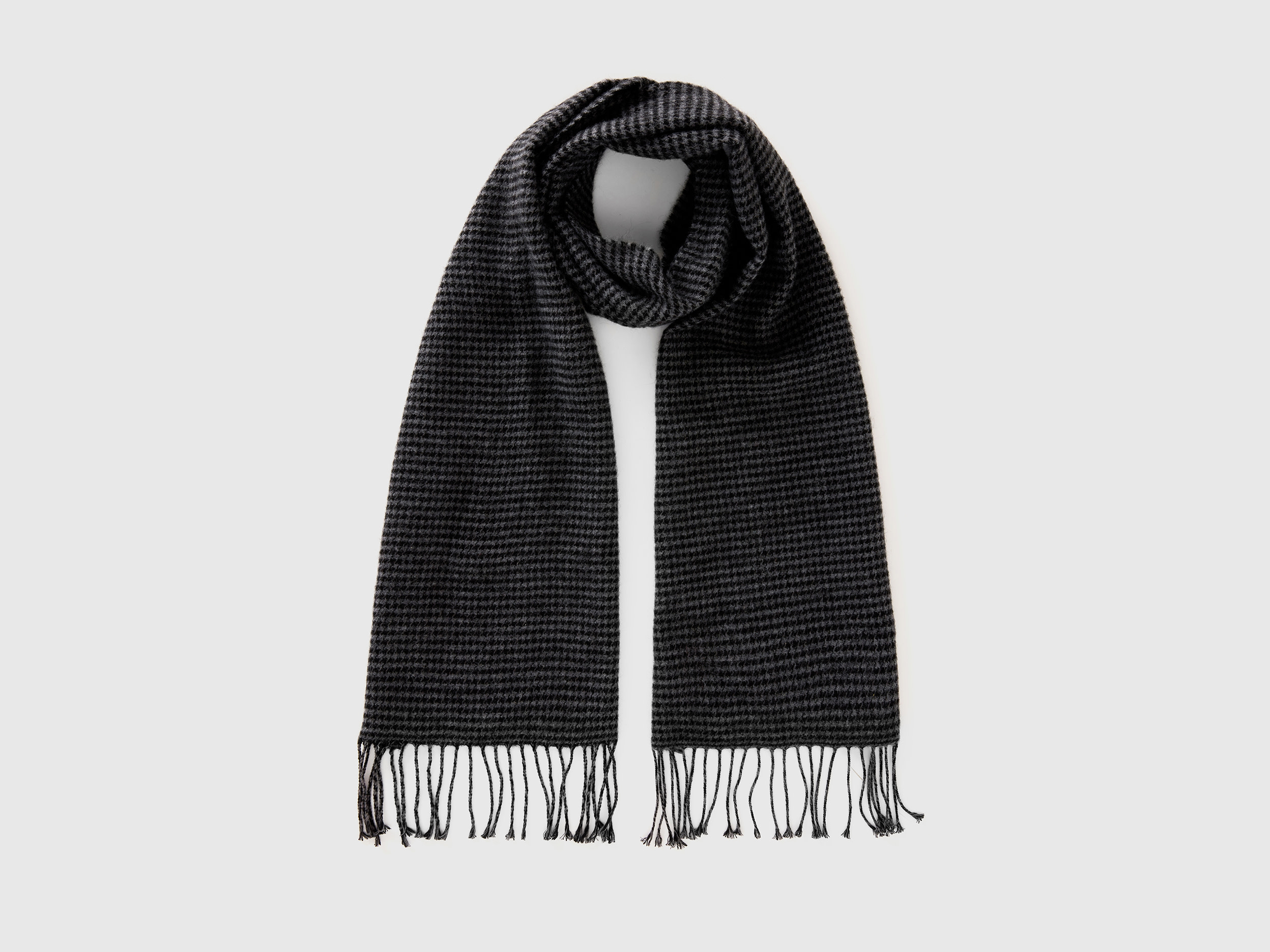 Benetton, Houndstooth Scarf In Recycled Cotton Blend, size OS, Black, Men