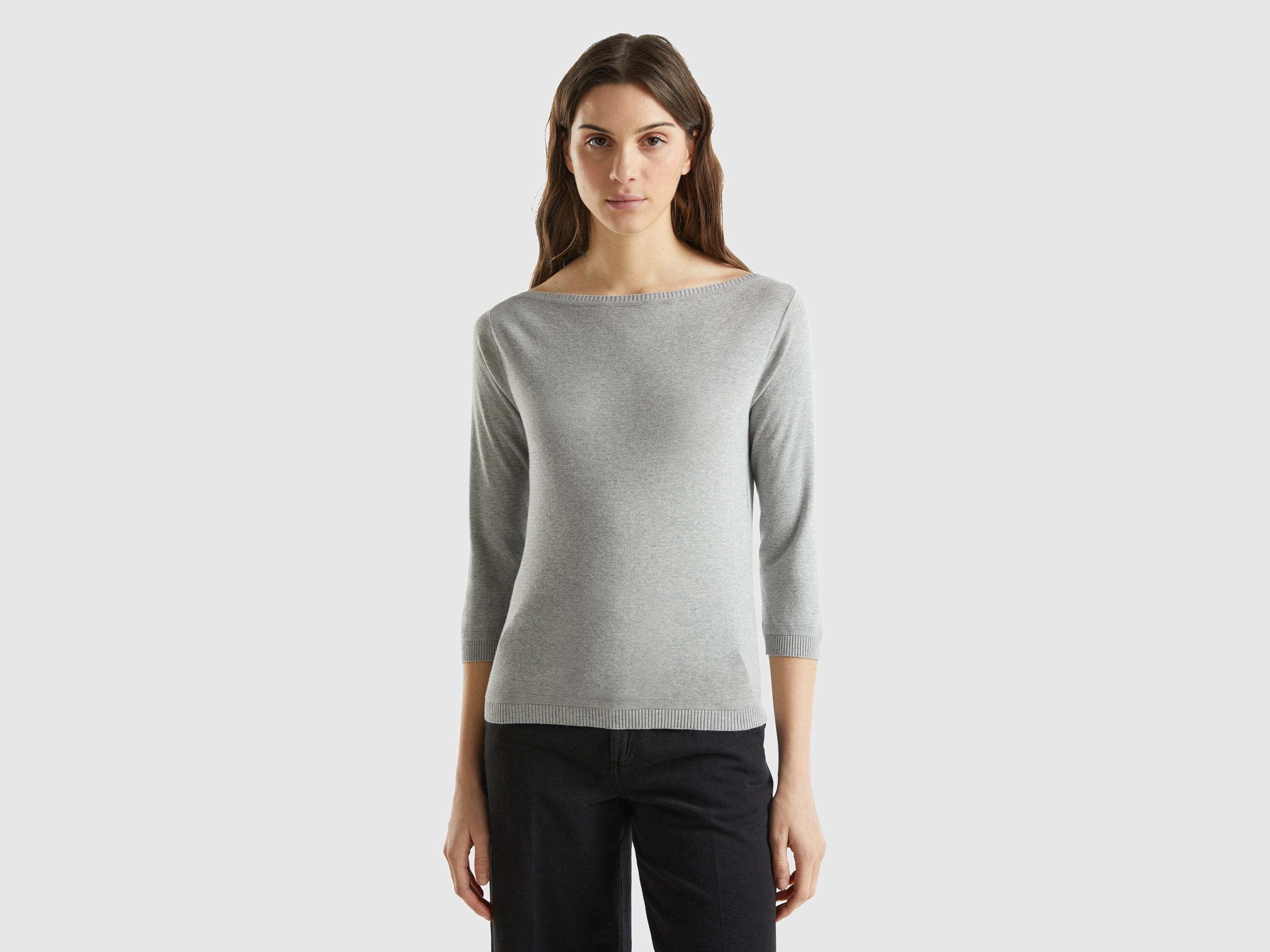 Benetton Online exclusive, 100% Cotton Boat Neck Sweater, size XS, Light Gray, Women