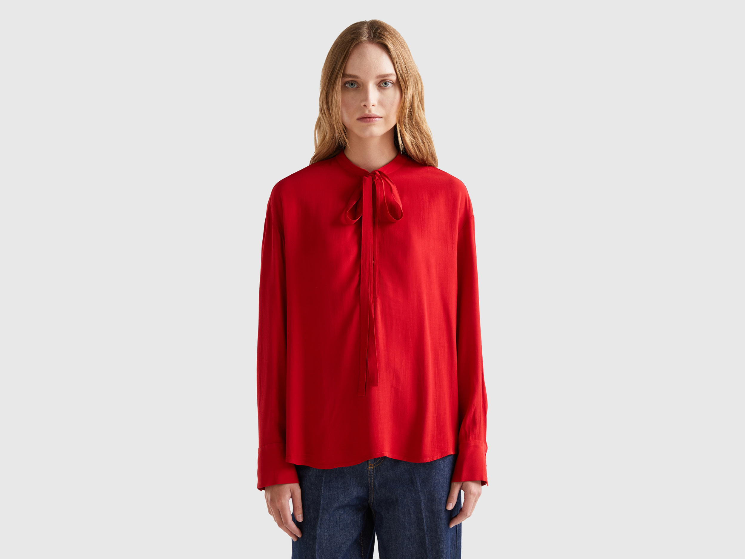 Benetton, Flowy Blouse With Laces, size M, Red, Women