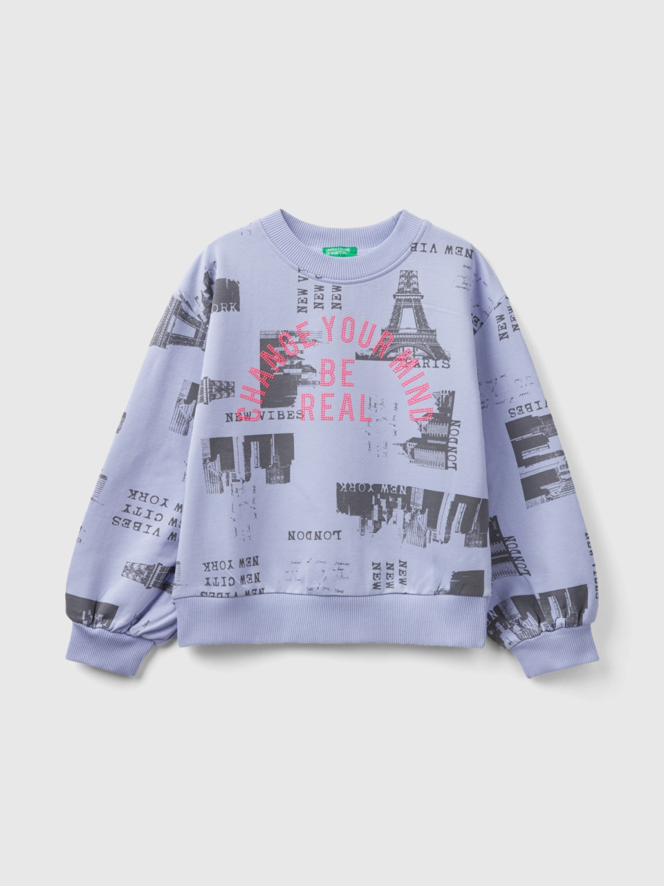 Benetton, Sweatshirt With City Print And Studs, Lilac, Kids